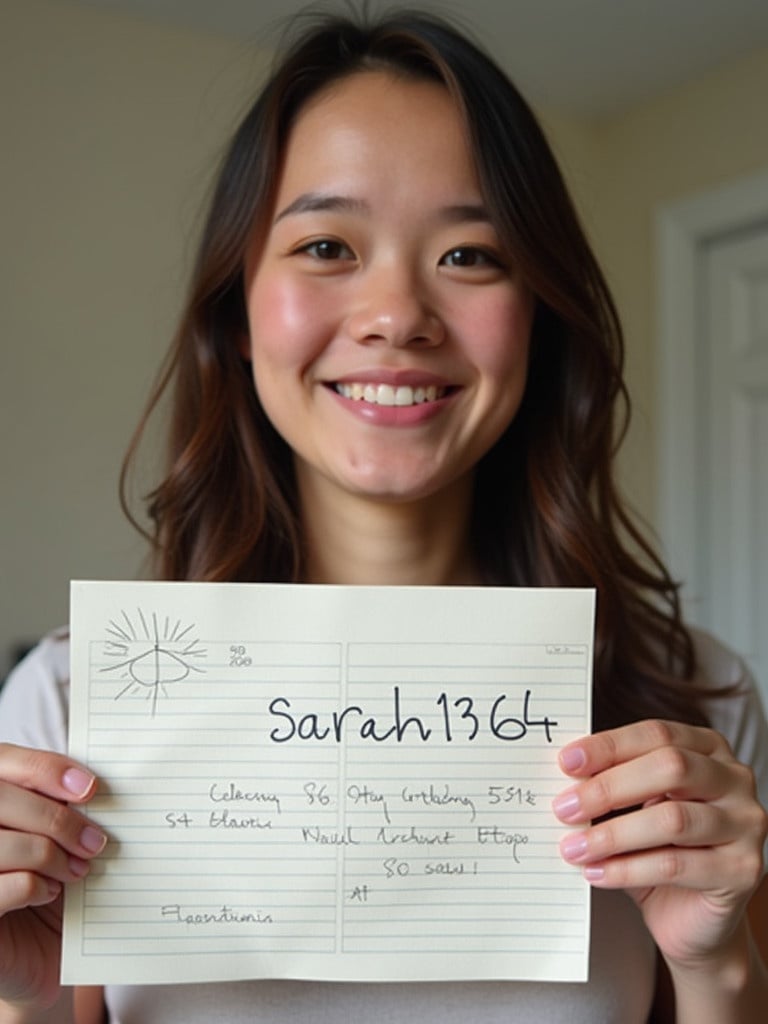 A person holds a piece of paper displaying name 'sarah1364'. The individual has a friendly expression. Right arm and hand are fully visible.