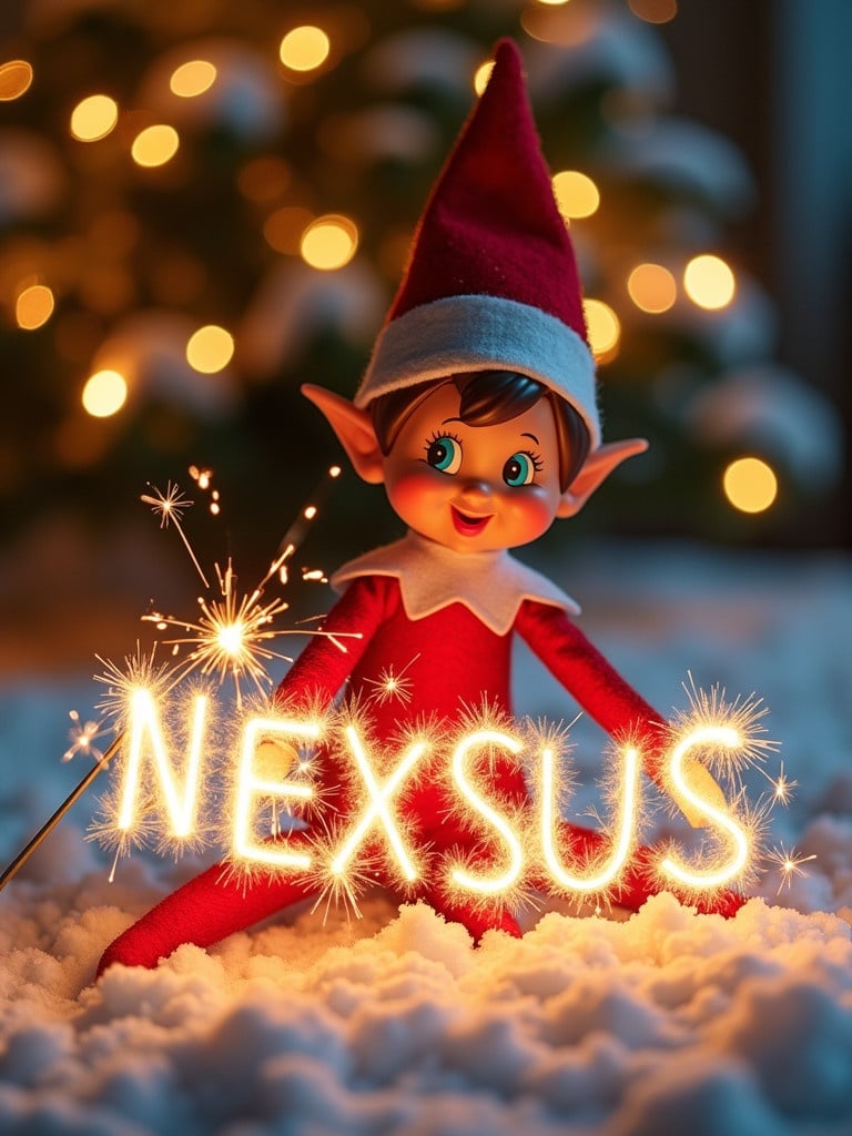 Charming Christmas elf creates glowing name using sparkler. Cozy setting with Christmas tree and lights. Bright features with festive outfit. Soft snow blankets ground. Magical winter atmosphere with dancing light flickers.