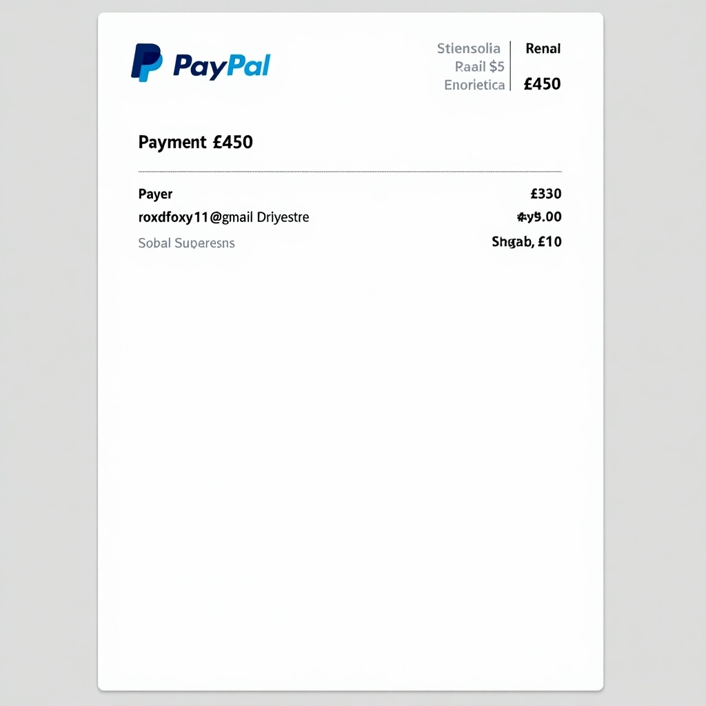 PayPal payment receipt features a transaction for £450. Includes PayPal logo, payer information, transaction amount, and transaction number. Designed for online payment representation.