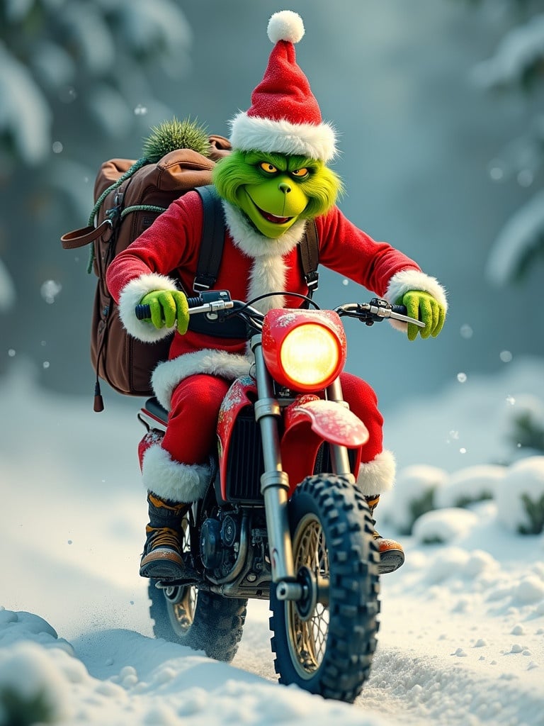 Grinch dressed as Santa Claus rides an off-road motorcycle in a snowy forest. The setting features trees covered in snow. The motorcycle has a bold design. Grinch wears a red suit with white trim.