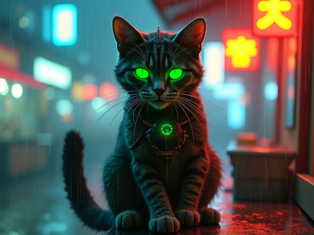 A cyberpunk-themed cat with glowing green eyes and a technological collar sitting in a neon-lit rainy street.