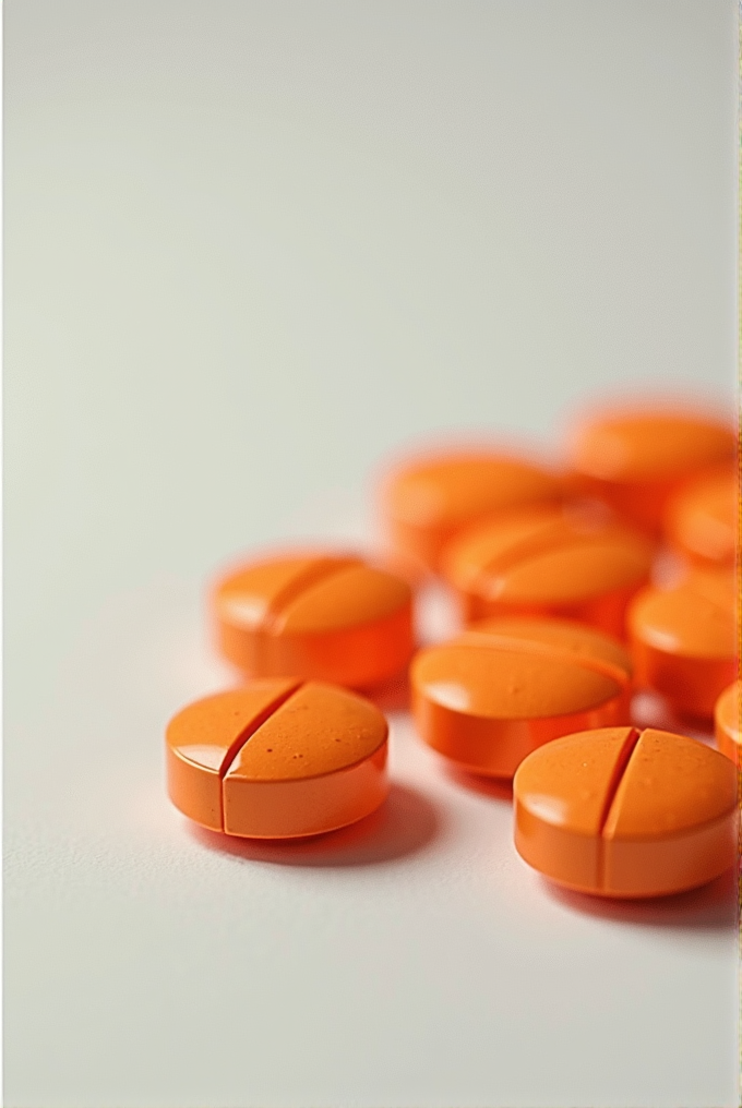 A close-up of vibrant orange pills scattered on a white surface.