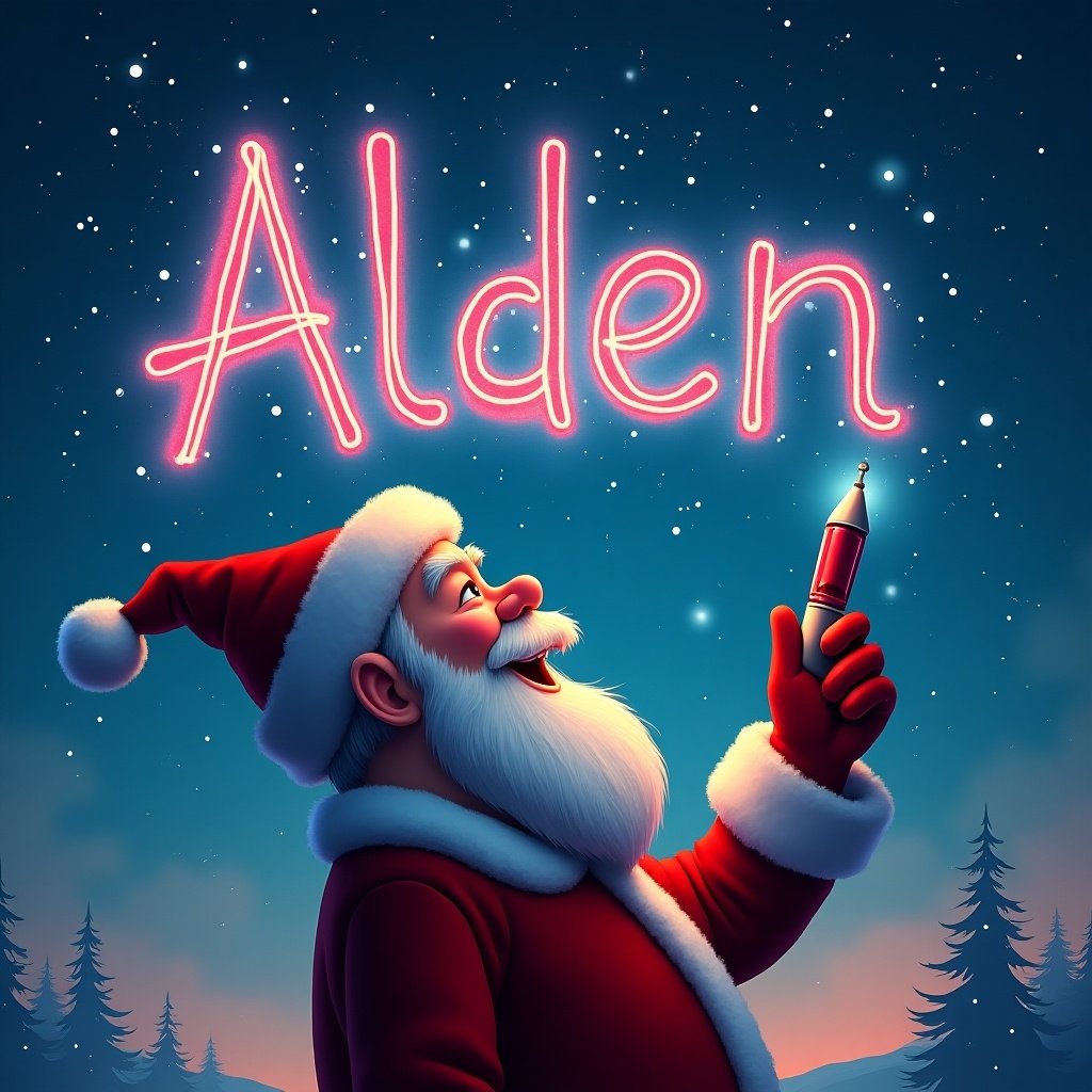 Christmas theme with Santa Claus writing the name Alden in glowing font in the sky with a glow pen. Santa looks up at the colorful writing.