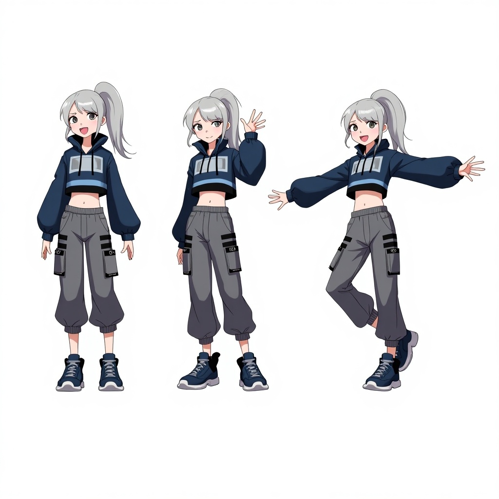 Create an illustration of a female character featuring long silver hair styled in a high ponytail. She should wear a cropped navy blue jacket with light blue and black accents, along with baggy cargo pants equipped with straps and chunky shoes. The character should be depicted in four distinct poses: one where she is happy and excited, another displaying sadness or disappointment, a dynamic jumping pose, and finally, a traditional Thai respectful greeting pose known as 'wai'. The artwork should embody a sketchy, Procreate-inspired art style with soft outlines, capturing a modern and stylish character design reminiscent of fashion concept art.