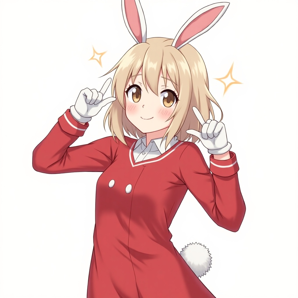 Anime-style character dressed in red with bunny ears and mitts, posing playfully.