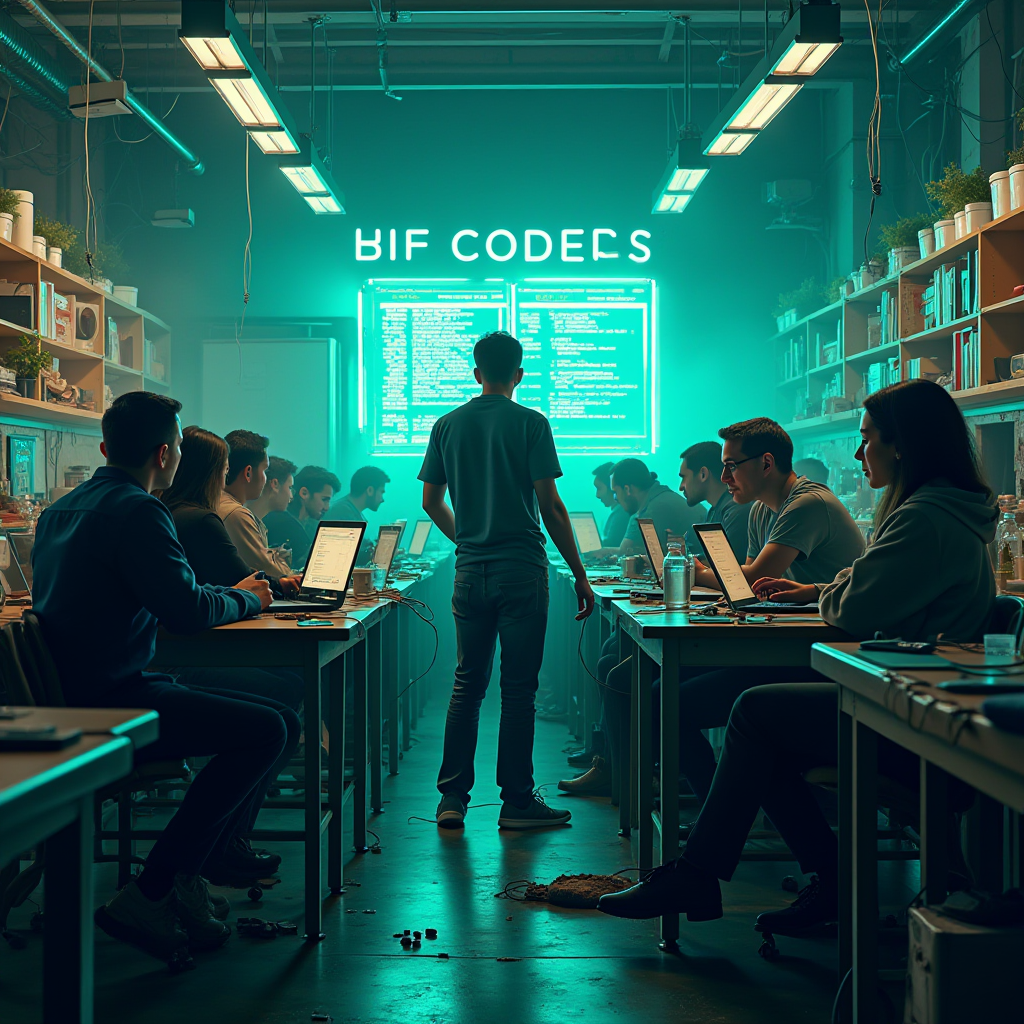 A group of people are sitting at tables with laptops in a room lit by neon lights and plants.