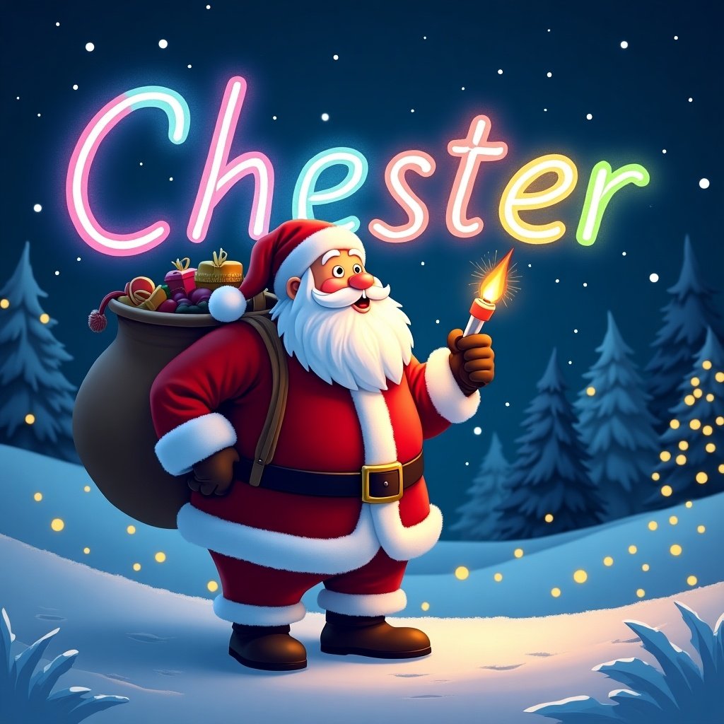 Christmas theme features Santa Claus writing the name Chester in colorful font using a glow pen. Scene includes snowy landscape with twinkling lights in the background.