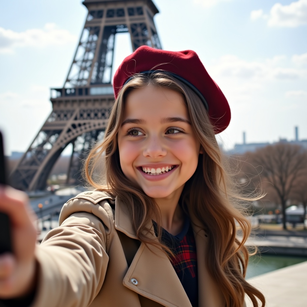 Selfie taken by a girl in Paris in front of the Eiffel Tower. She wears a beret and poses joyfully. The scene reflects a casual urban atmosphere with iconic landmarks visible.