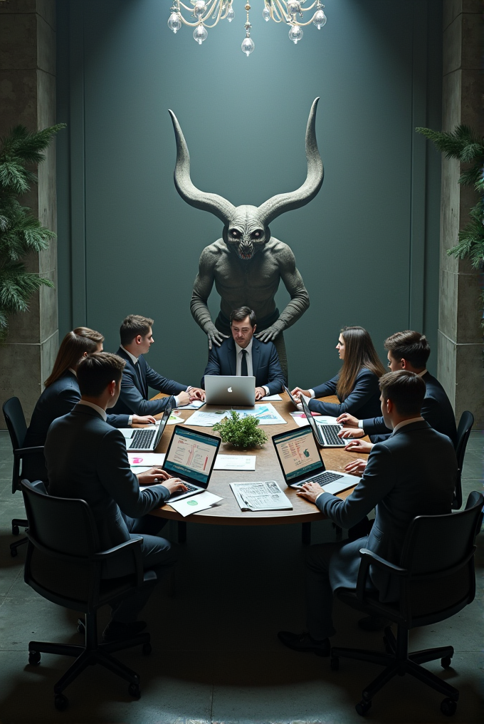 In a dimly lit room, a group of business professionals in suits sit around a round table with laptops, while a menacing horned creature looms ominously behind one of them.