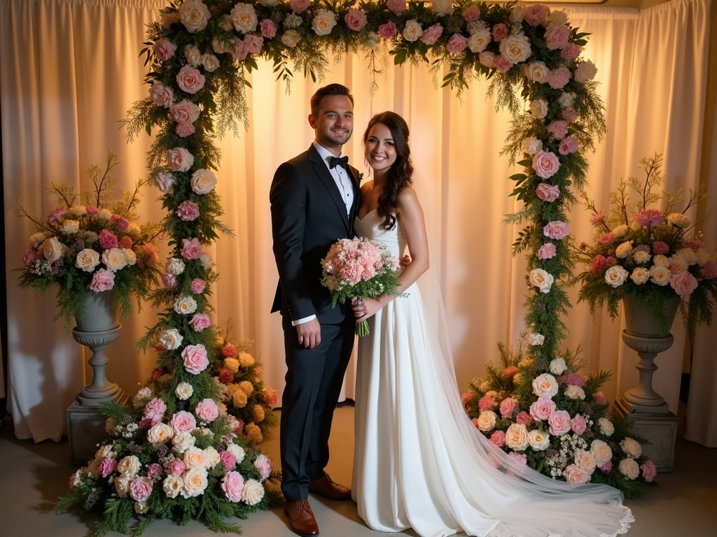 The image captures a beautiful moment of a couple on their wedding day. The bride wears a lovely white gown, while the groom is dressed in a classic tuxedo. They are standing in front of a stunning floral arch filled with soft pink and ivory flowers. The background is softly lit, adding a warm and romantic ambiance. This photo is perfect for wedding-related content or to illustrate love and celebration.