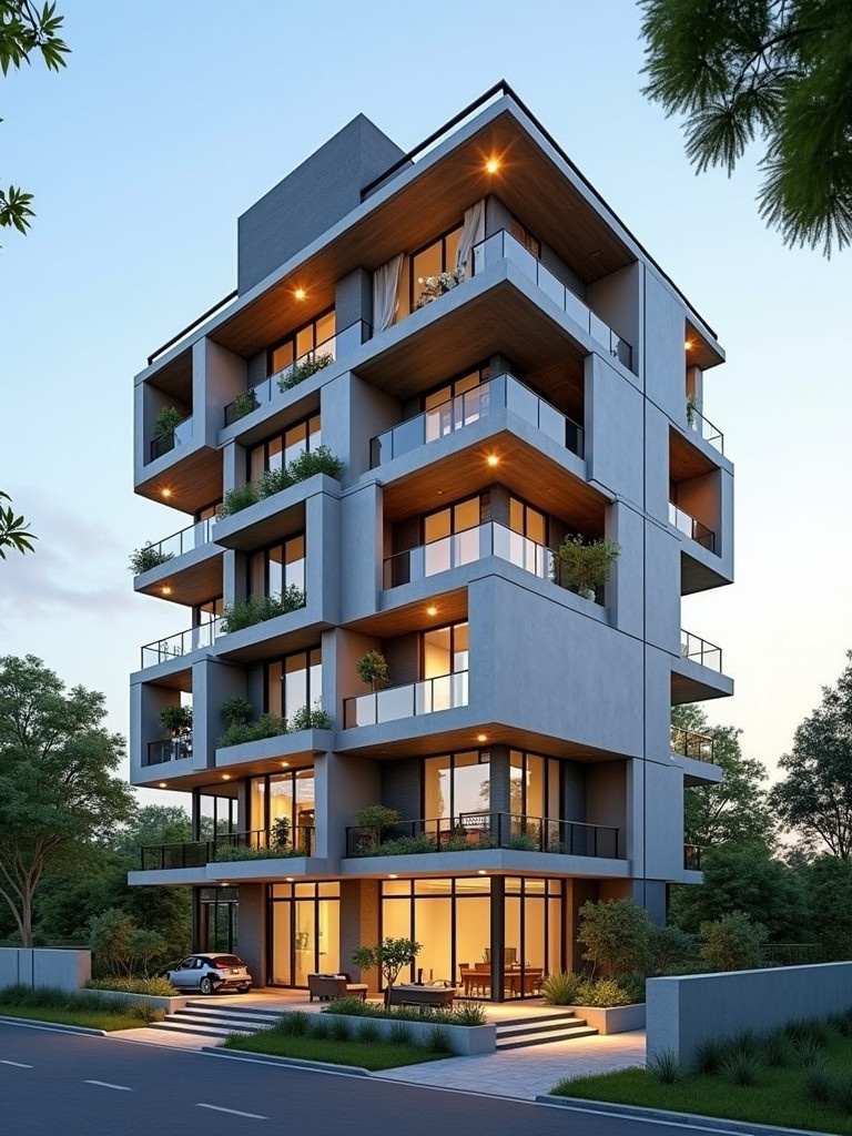 G+3 floor building design with modern architecture. Building features multiple balconies with greenery surrounding it. No sharp curves present. East facing elevation.