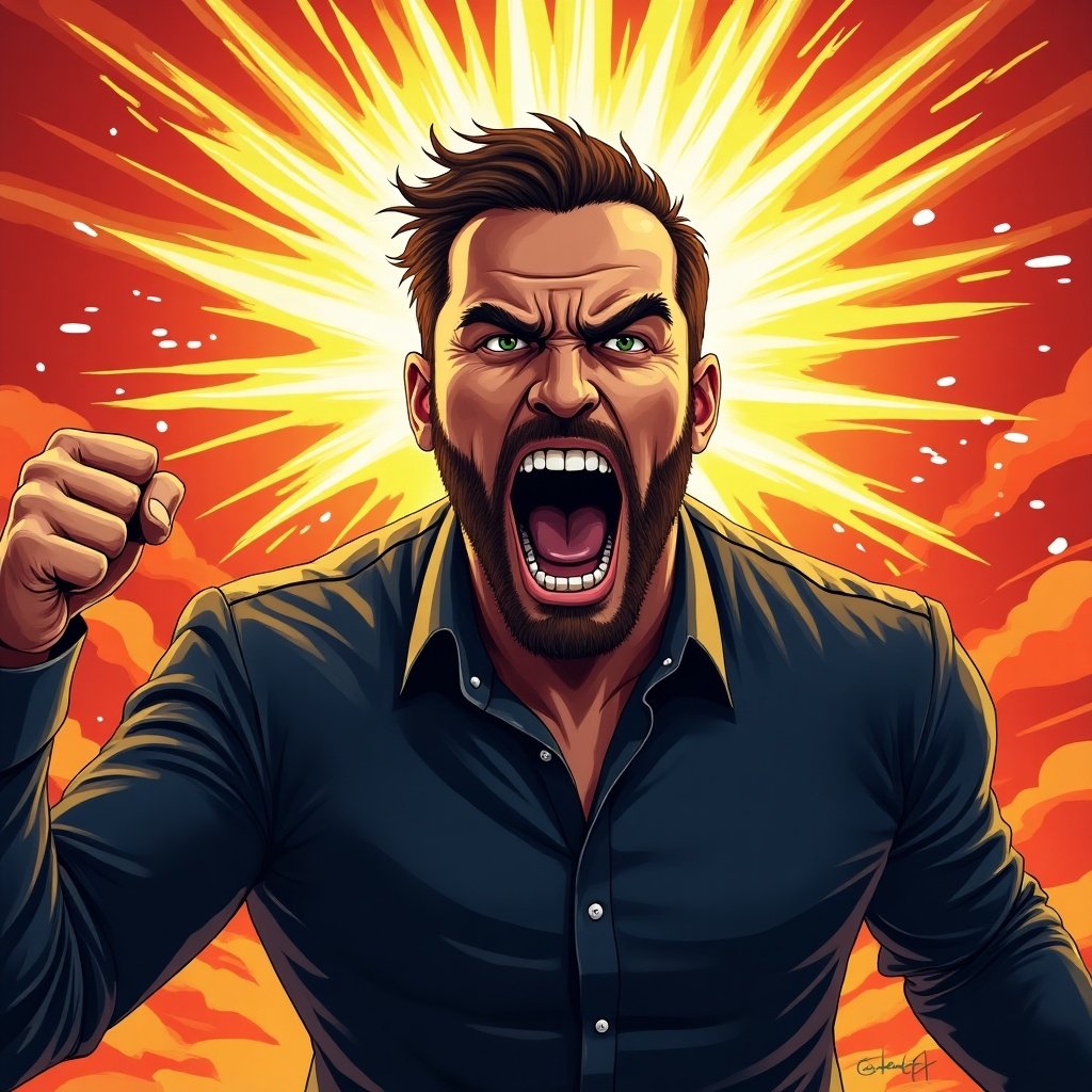 Digital illustration depicting a powerful figure with an expressive pose. Fiery explosion background enhancing the emotion. The figure shows strength and motivation in a vibrant setting.