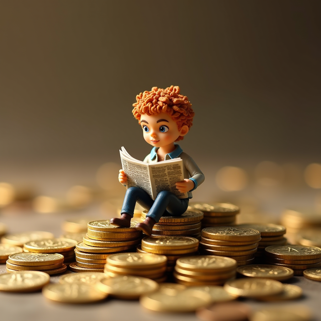 A cute cartoon character with curly hair is seated on a stack of coins, reading a newspaper.