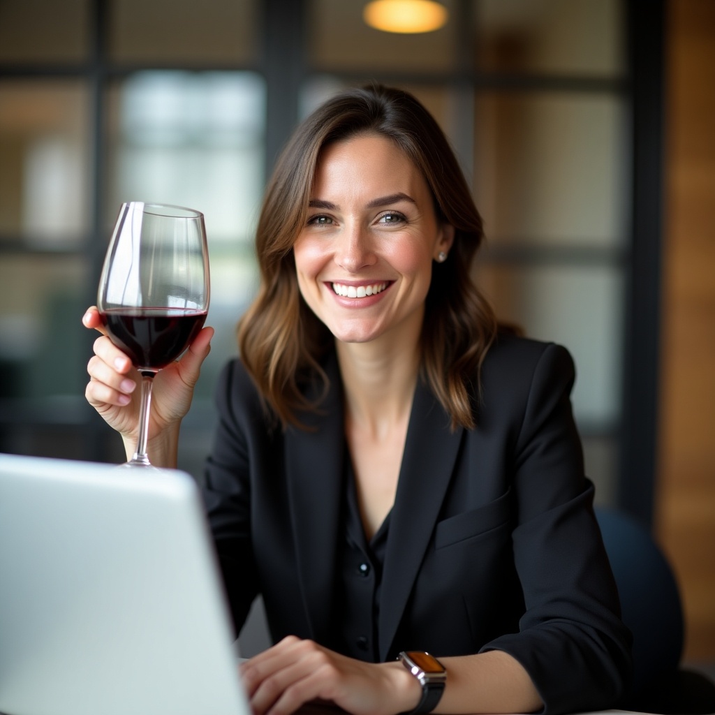 Confident woman in business attire holding a glass of wine while sitting at a laptop. Stylish office environment with warm lighting. Emphasis on professional lifestyle and work-life balance.