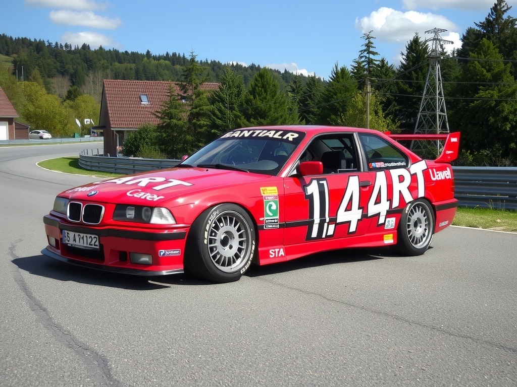 The image features a vibrant red race car parked on a winding road amidst a lush, green landscape. The car, adorned with bold white decals and numbers, stands out against the natural backdrop, evoking a sense of speed and competition. The scene suggests a momentary pause in a thrilling race, with the sunlight enhancing the car's glossy finish.