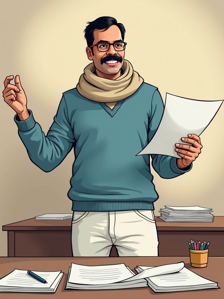 A full body figure of a politician holding a paper. He wears a blue sweater. He has a signature muffler. White pants are visible. There are files and papers on a table behind him. Artistic style is a political cartoon.