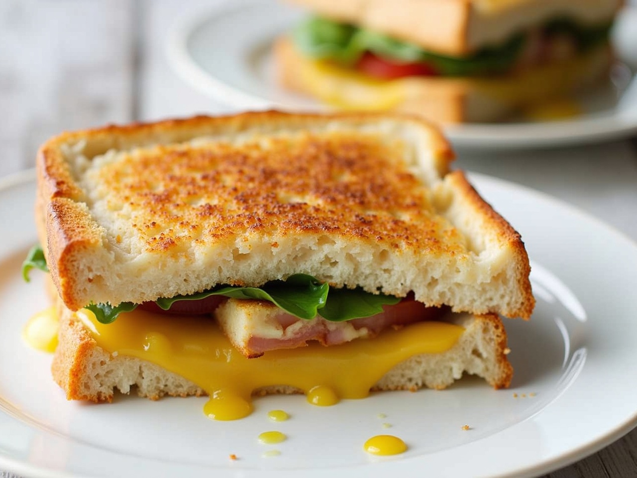 This image showcases a delicious halloumi and cheese toast sandwich. The golden-brown crust is perfectly toasted, while the interior features layers of halloumi cheese, fresh greens, and tomatoes. A runny yolk oozes from the sandwich, adding a rich, creamy texture. The backdrop is a soft, blurred plate of another sandwich, which adds depth to the composition. This appetizing sandwich is ideal for lunch or a quick snack, highlighting comfort food at its best.