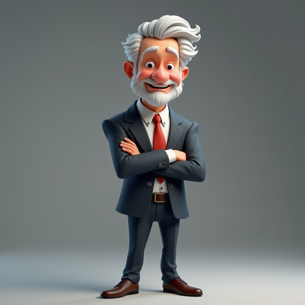 This image features a Disney-style character of an elderly man. He has distinctive silver hair and a cheerful expression. Dressed in a simple yet modern suit, he stands confidently with his arms crossed. The overall design is playful and appealing, making him suitable for family-friendly content. The background is neutral, drawing focus to the character's vibrant personality.