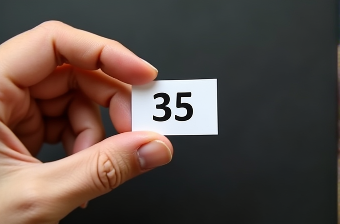 A hand holds a small white card with the number 35 on it against a dark background.