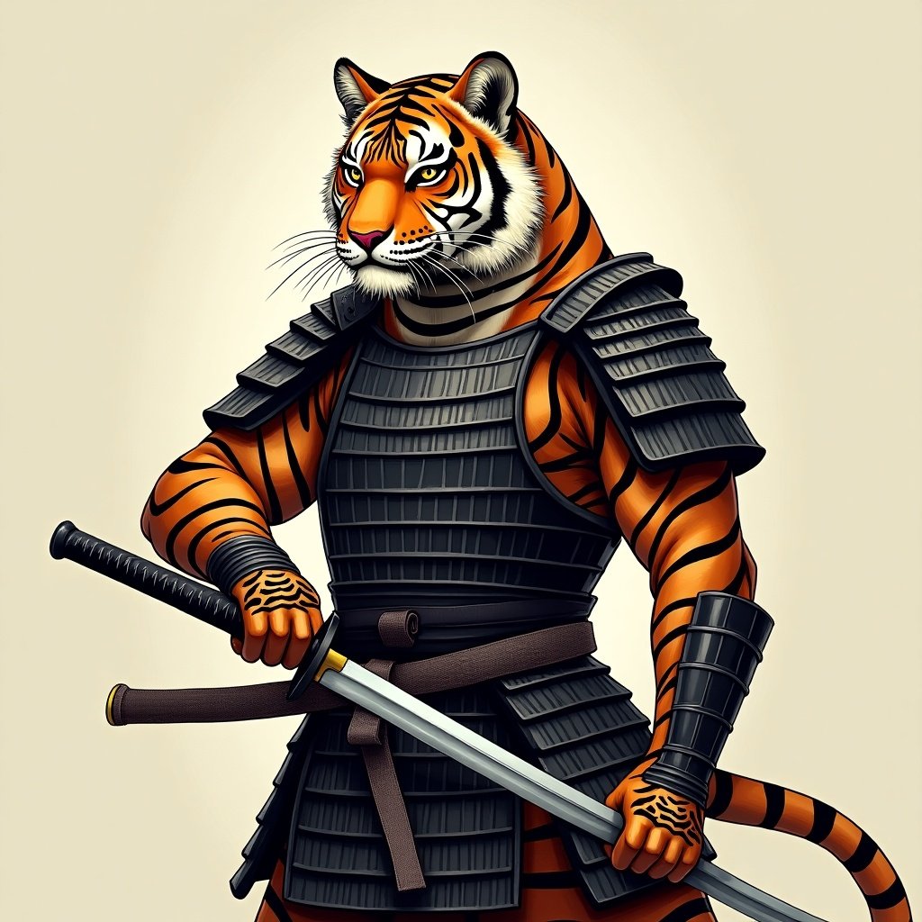 Humanoid tiger in samurai armor. Tiger wields traditional Japanese sword. Intense gaze and strong posture. Detailed armor with bold orange and black stripes. Striking visual contrast.