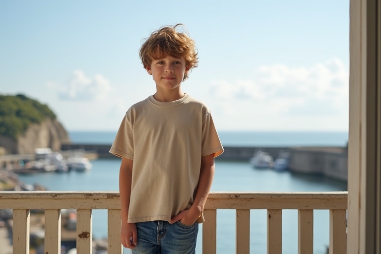 A young boy stands on a balcony wearing a natural-colored T-shirt and blue jeans. The harbor in Normandy is visible in the background. The atmosphere is peaceful and inviting under a sunny sky.