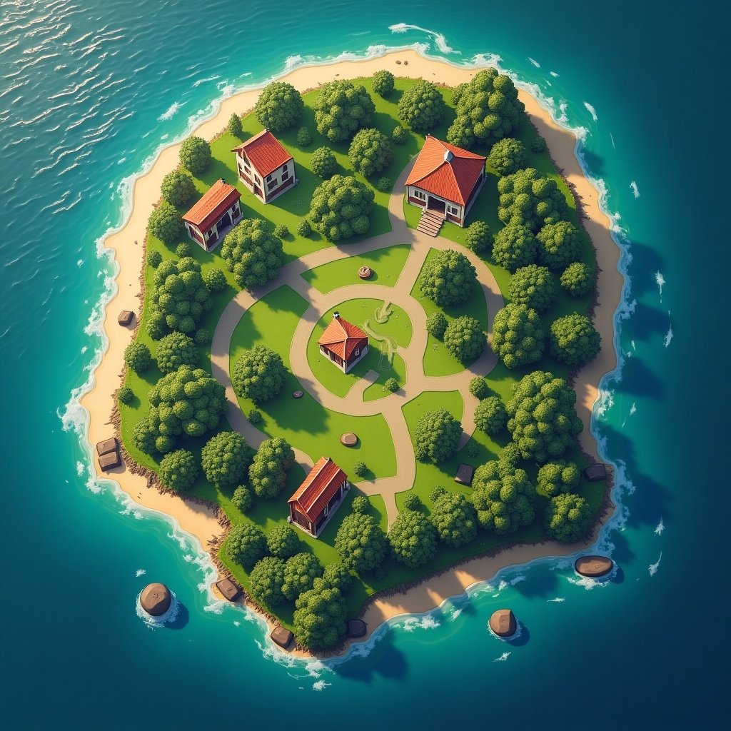 This image showcases a cartoon-style map of an island inspired by game design aesthetics. The lush green surroundings are dotted with buildings that have red roofs, creating a vibrant scenery. The winding paths lead to a central gazebo, inviting exploration. The surrounding water is a bright blue, reflecting a sunny atmosphere. This design could be ideal for inspiration in game development or as art for gaming content.