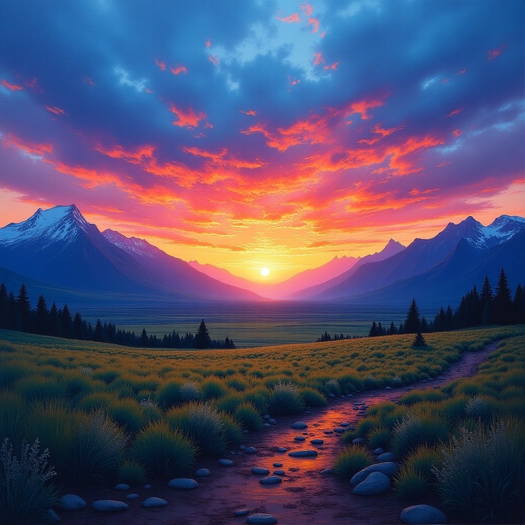 Artwork depicts a stunning imaginary landscape in Patagonia featuring a dramatic sunset transitioning from deep blues to vibrant oranges pinks and purples. Mountains and green fields surround the area giving a tranquil vibe similar to a Monet painting.