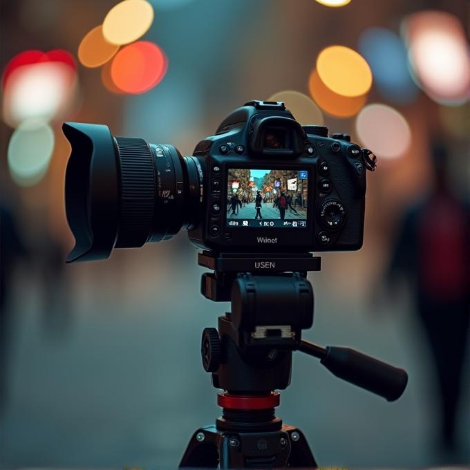 A camera on a tripod with a city street image on its screen, surrounded by blurred colorful lights.