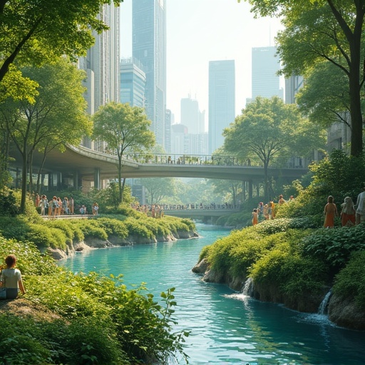 A serene urban landscape showcasing a blue river surrounded by lush green trees. People enjoy leisurely walks on a spacious pathway above the river. Skyscrapers and modern architecture blend with nature.