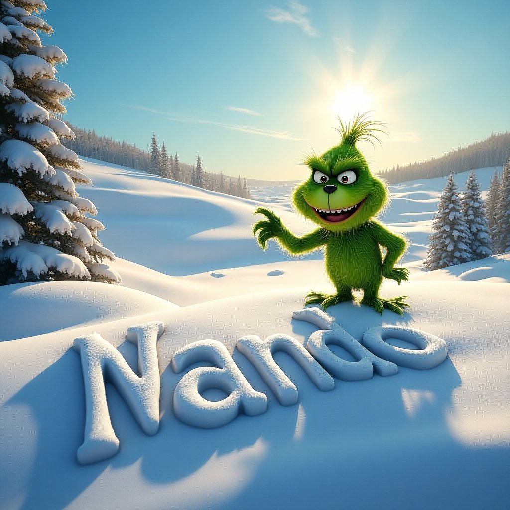 A green grinch character writing the name Nando in snow. Bright sunny day in a winter landscape. The scene features snow-covered trees and a playful atmosphere.