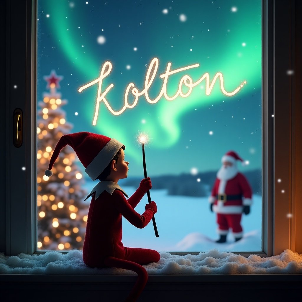 An enchanting Christmas scene features an elf on the shelf with his back to the viewer, gazing up at a magical sky. The elf is using a wand to elegantly write the names 'kolton’ in the air. In the background, the landscape is illuminated by beautiful northern lights and adorned with a Christmas tree sparkling with lights. Santa Claus is visible in the distance, creating a whimsical and festive atmosphere. Snow gently covers the window ledge, adding to the cozy feel of the scene.