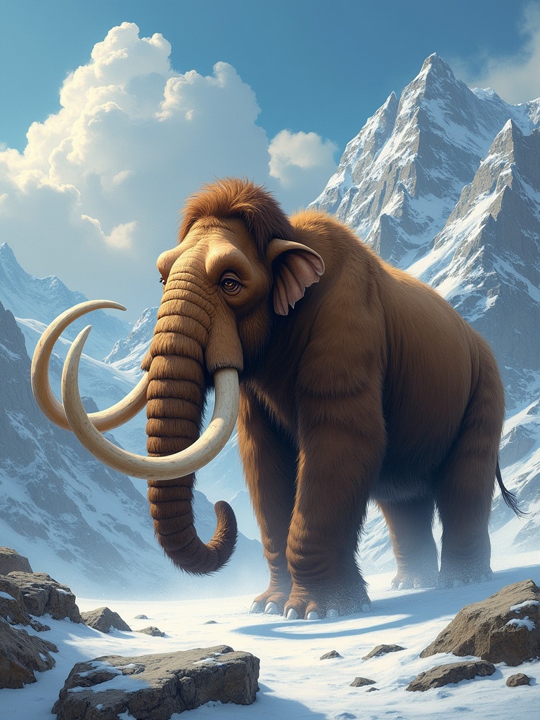 A large woolly mammoth stands in a snowy landscape surrounded by mountains. The mammoth has long curved tusks and a thick fur coat. The sky is bright blue with fluffy clouds. The scene captures a sense of grandeur and tranquility.