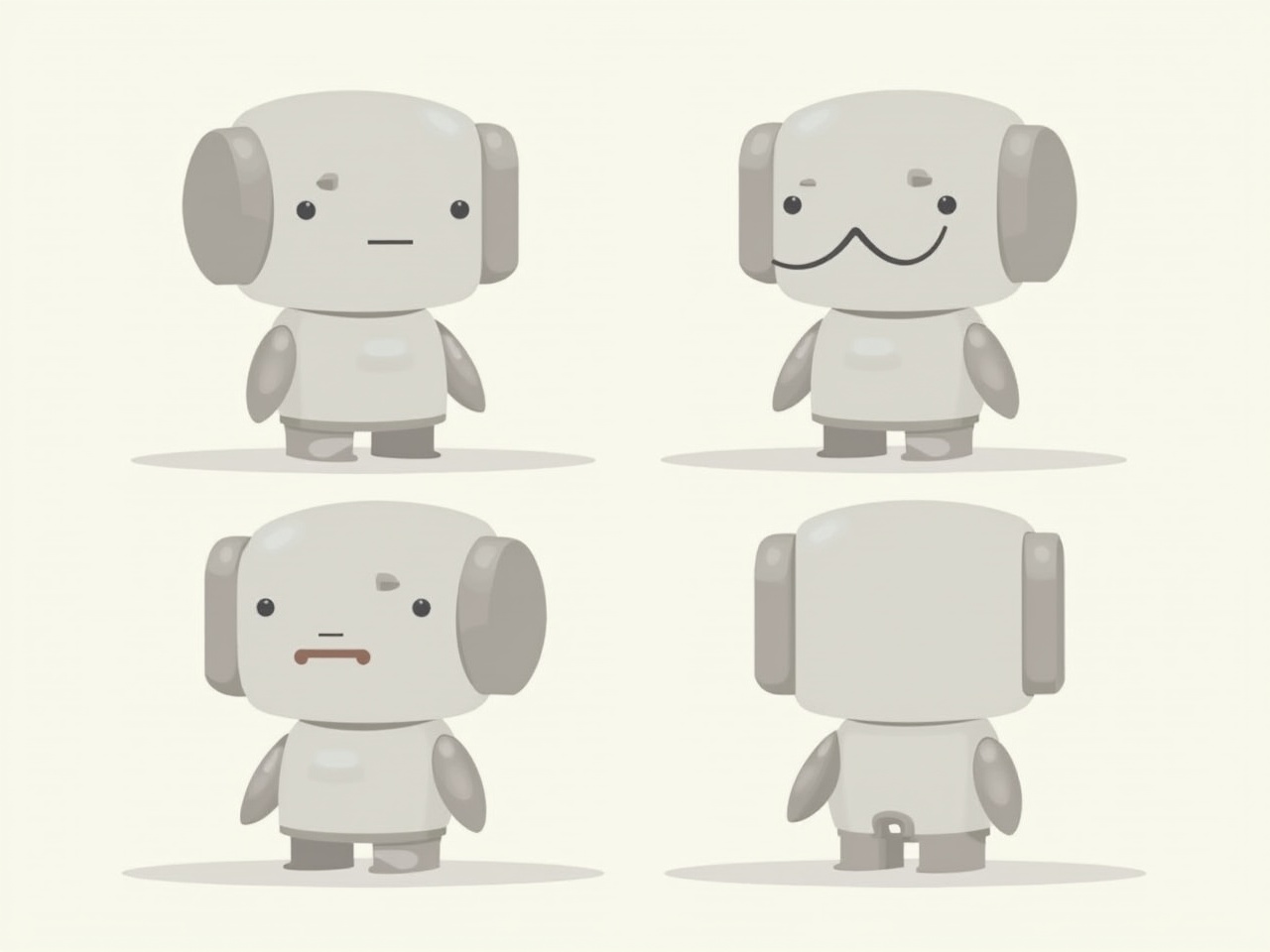 The image features a simple cartoon robot character designed in a minimalistic style. It showcases four different angles of the robot, emphasizing its unique features. The character has a simplistic, friendly appearance with a soft color palette. The background is a plain light color, ensuring that the focus remains on the character. Overall, the design is suitable for animations, games, or merchandise aimed at children.