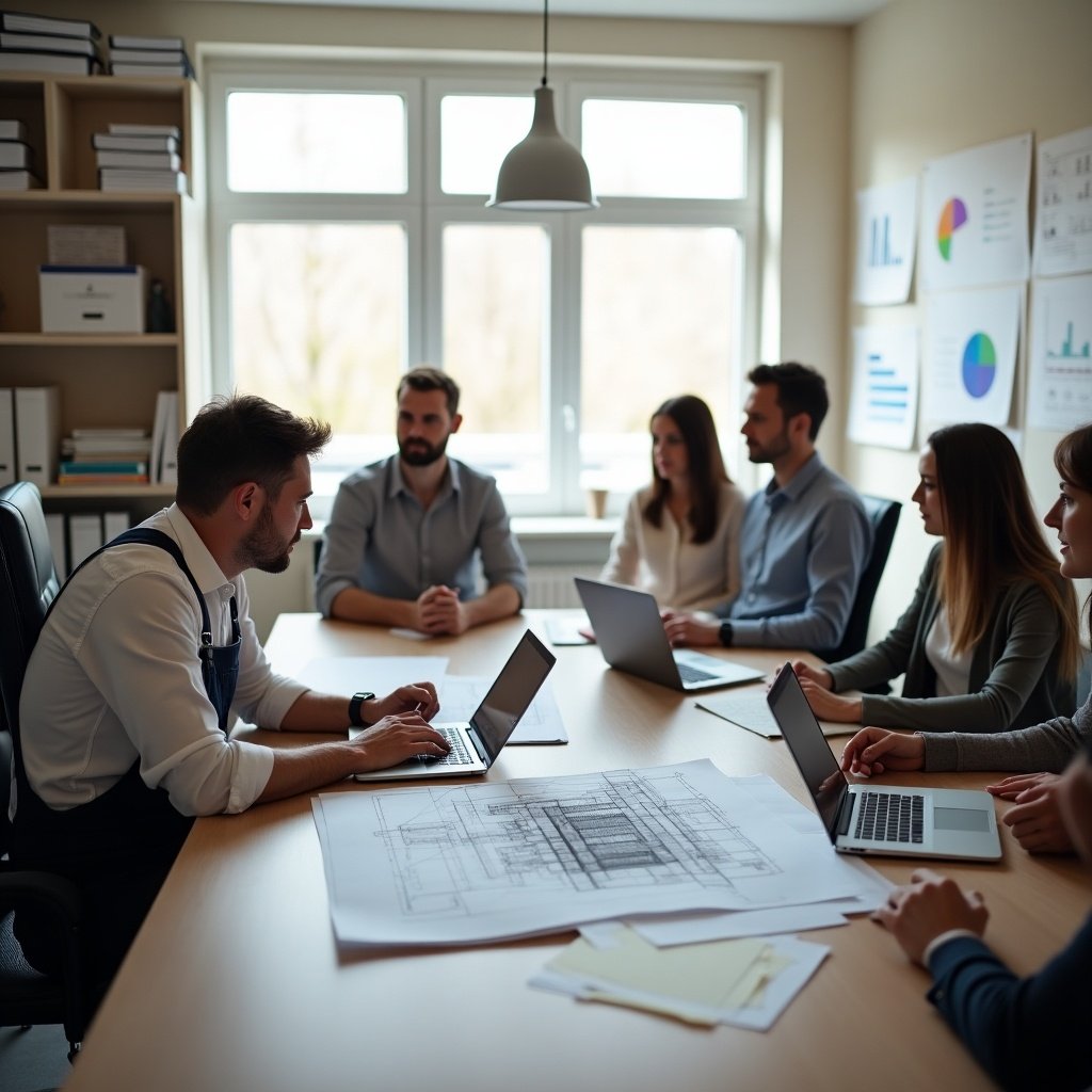 Group of seven professionals engaged in a meeting. Office has charts and graphs on the walls. Man in overalls works on architectural blueprints. Sunlight floods the office. Meeting focuses on planning and discussion.