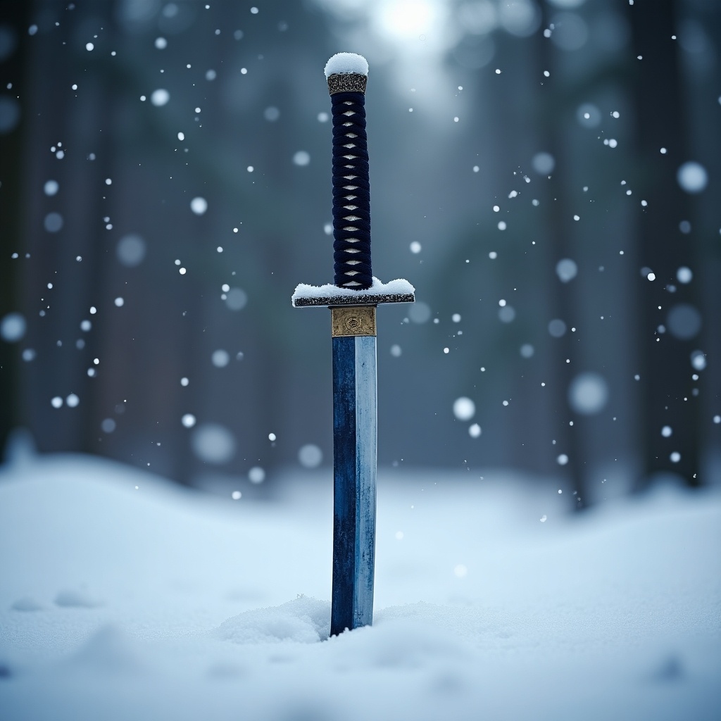 Katana sword standing upright in snow during a hailstorm. Dark blue blade with white snow on the handle. Swaying snowflakes and foggy forest in the background.