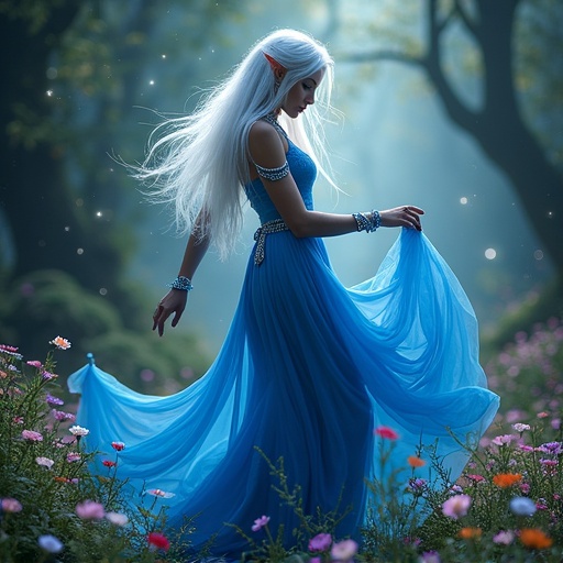 Fantasy theme with dark elf in forest. Blue dress flowing in breeze. White hair shines. Sparkling jewelry adds magic. Trees and light fill background. Floral elements at feet with enchanting feel.