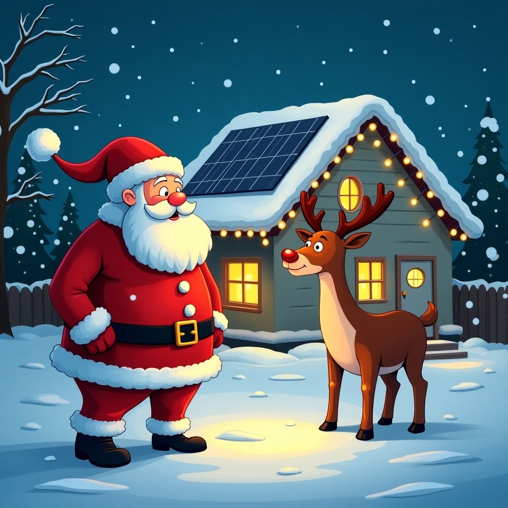 Santa Claus admires a snowy house decorated with Christmas lights. The house features solar panels on the roof. Rudolf has a bright nose. A sleigh is nearby. Cartoon style.