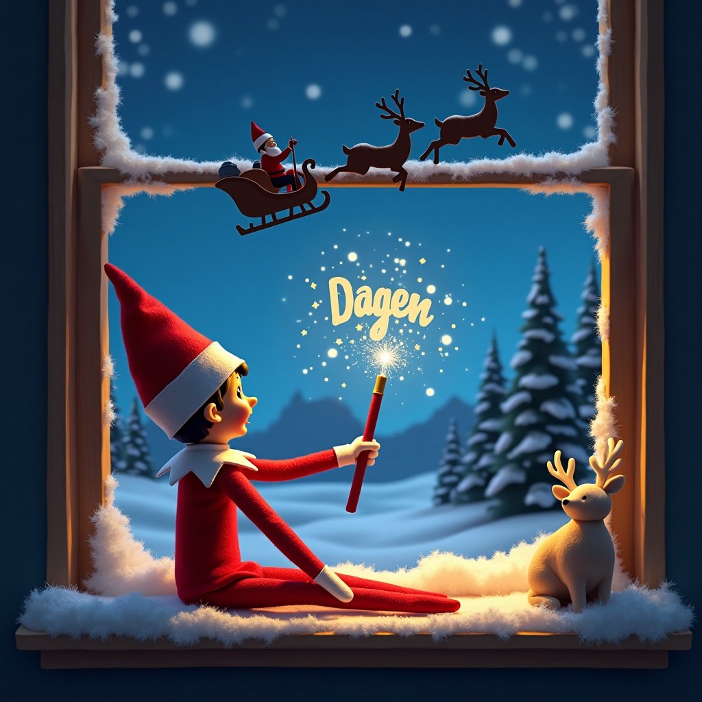 An enchanting scene with an Elf on the Shelf by the window facing away. The elf uses a wand to create sparkles showing the name Dagen. Santa's silhouette in a sleigh with reindeer crosses a snowy landscape. Warm glow adds magic to the night. Pine trees and starry sky enhance the festive look.