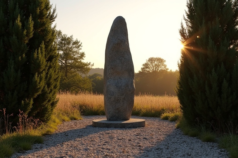 Tall menhir made of dark granite radiating calm and strength surrounded by tall shrubs. Ground is stony with sparse wild herbs. Scene depicts a southern French landscape during evening light of a clear spring day.