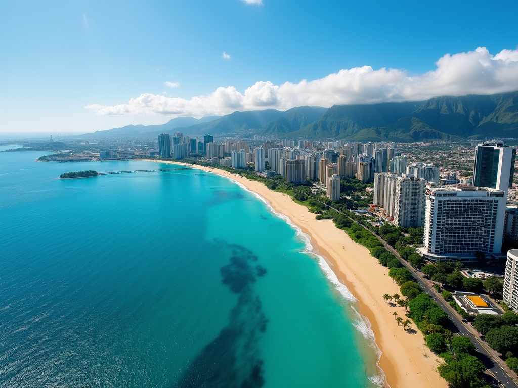 A vibrant cityscape with high-rise buildings lining a curving beach, set against a backdrop of lush mountains and calm turquoise waters.