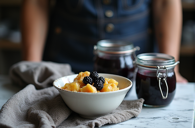 A bowl of fruit with blackberries sits on a table next to two jars filled with a dark liquid.