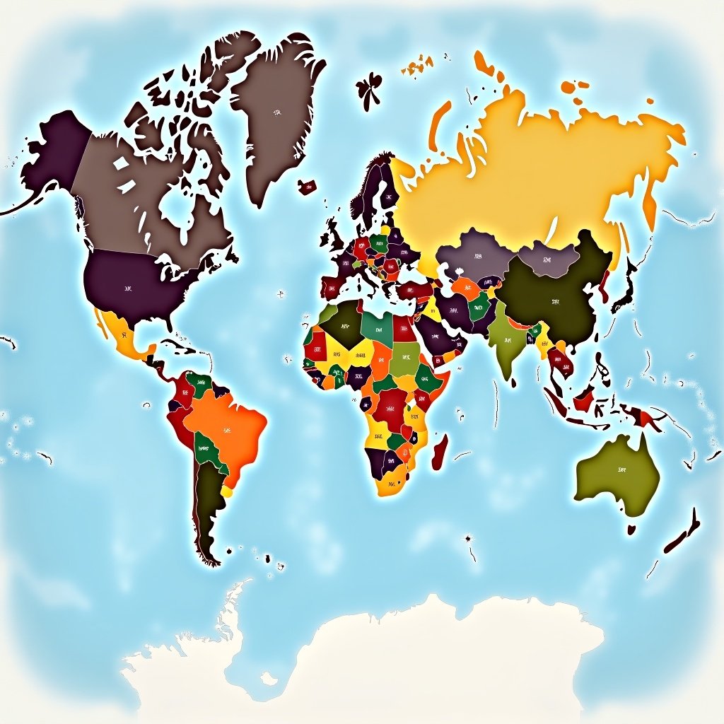 Geopolitical map showing countries of the world. Each country is represented with different colors. Countries are clearly outlined. Background is soft blue. Map provides a visual representation of global geography.