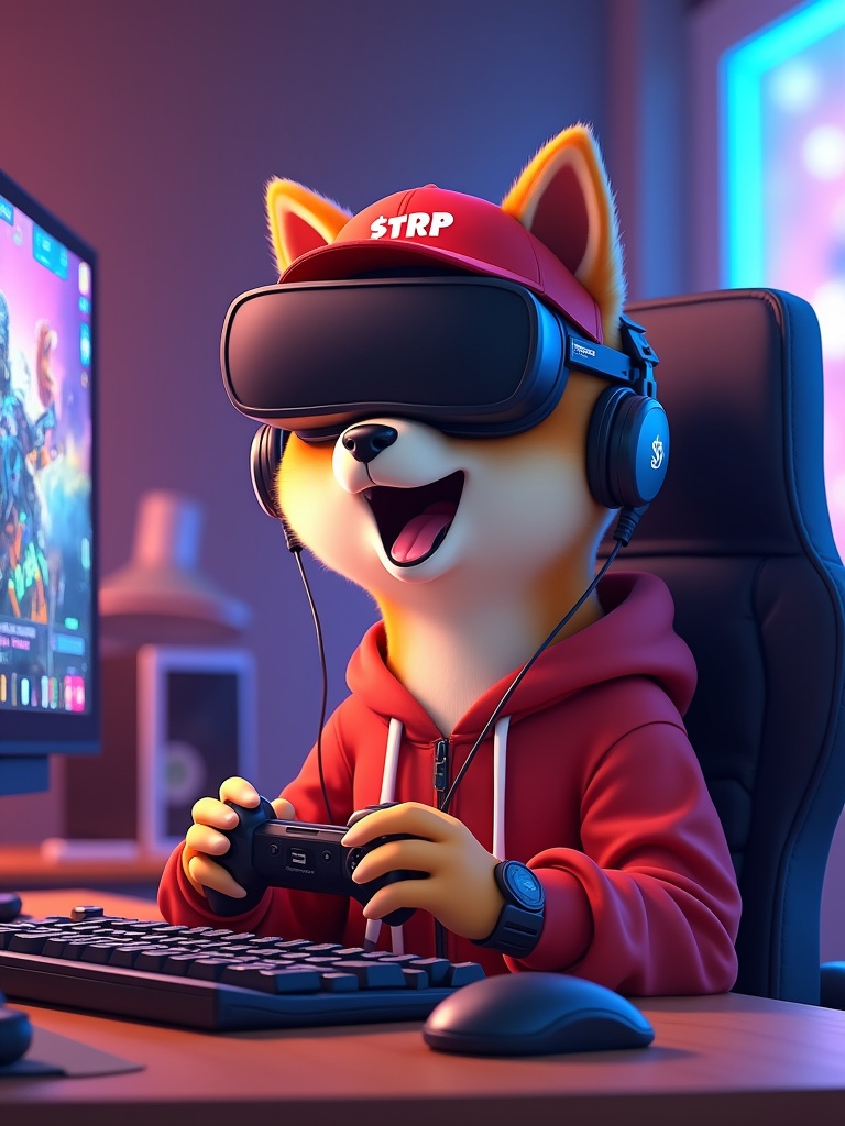 Animated cartoon character of a Shiba dog wearing a red baseball cap called $TRP. The dog is immersed in a futuristic gaming experience. The dog wears a VR headset and large over-ear headphones. The dog holds a game controller with an excited expression. Scene illuminated by warm and cool neon lighting. The lighting reflects off the stylish smartwatch and sleek gaming setup. A mechanical keyboard and vibrant game screen on the wooden desk. The background features a modern gaming station with ergonomic chair.