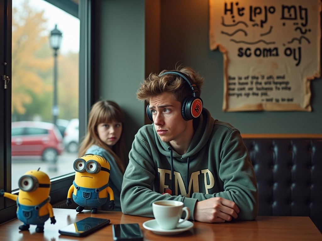 A young man with headphones sitting in a cafe, looking outside with a contemplative expression. A young girl and two Minion toys are also part of the scene on the table. The window shows a slightly out-of-focus street view, and a vintage-style sign is visible in the background.