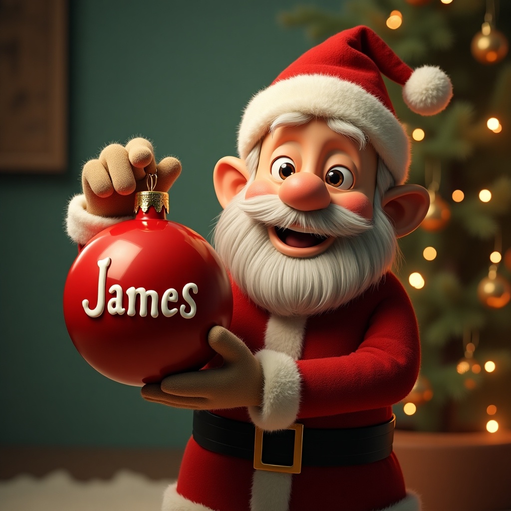 A cheerful character dressed as Santa Claus is holding a red Christmas bauble with the name 'James' written on it. The background features a decorated Christmas tree with lights twinkling softly. The character has a jolly expression, highlighting the joy of the holiday season. The setting is warmly lit, creating a cozy and festive atmosphere. This image captures the essence of Christmas spirit and personalized ornaments, making it perfect for holiday greetings.