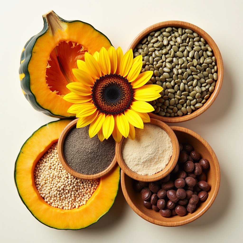 Composition of seeds including pumpkin, sunflower, flax, and chia displayed in bowls. Decorative sunflower adds vibrant touch. Natural setting highlights healthy eating focus.