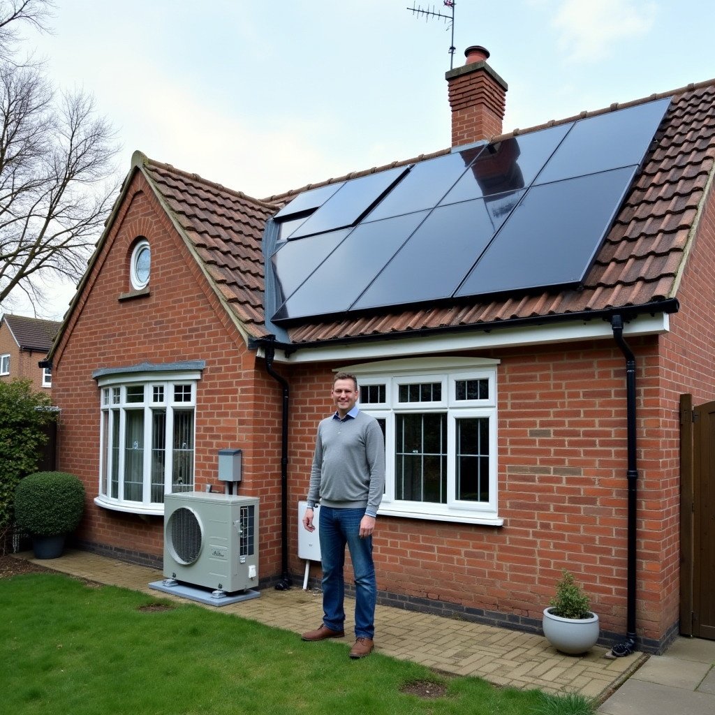 Image features a UK home showcasing solar panels and a heat pump. Homeowner stands next to the heat pump. Focus on a newly installed energy system. Heat pump is appropriately sized. Solar panels fit within roof space.