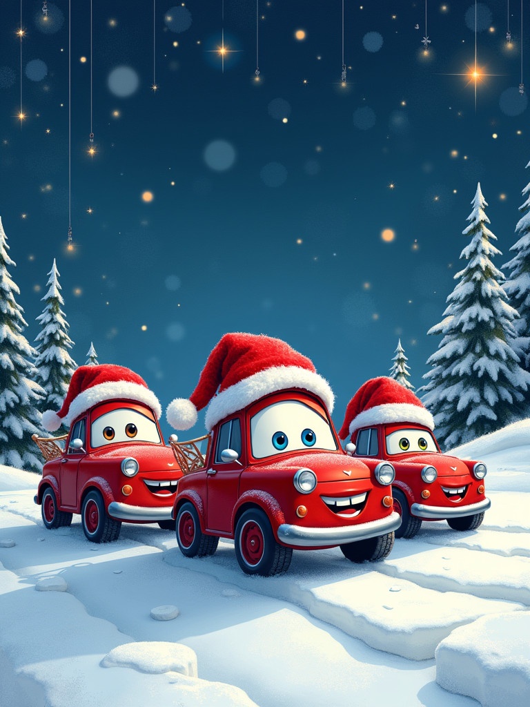 A holiday-themed scene shows three red cars wearing Santa hats. Cars are happy with smiling faces. Snow covers the ground. Pine trees stand in the background. A magical starry night sky fills the scene.