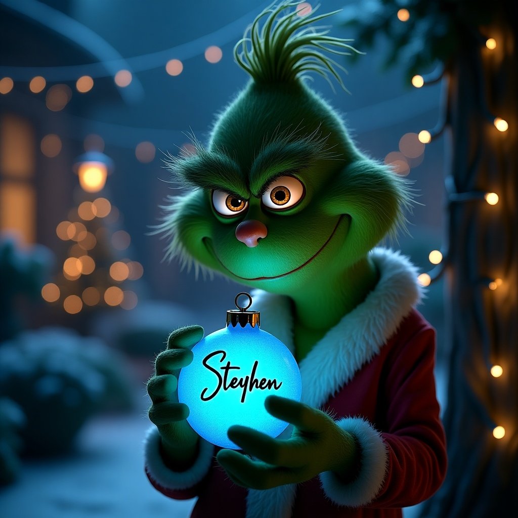 A serene night garden. The Grinch holds a glowing blue Christmas bauble. Bauble features the name Stephen in elegant script. Twinkling Christmas lights enhance the ambiance.