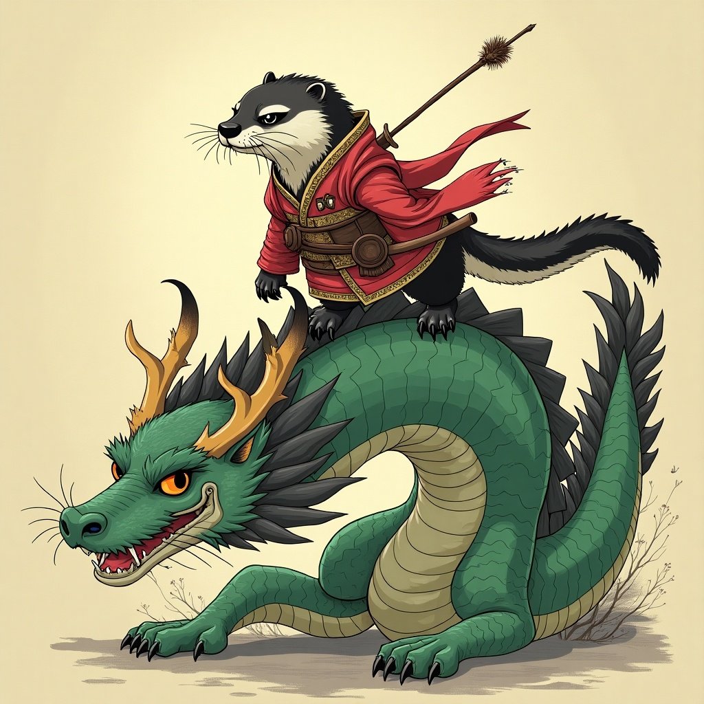 Illustration of a samurai otter standing on the green dragon's head. Otter wears traditional samurai clothing. Dragon has distinctive features and is vividly colored.